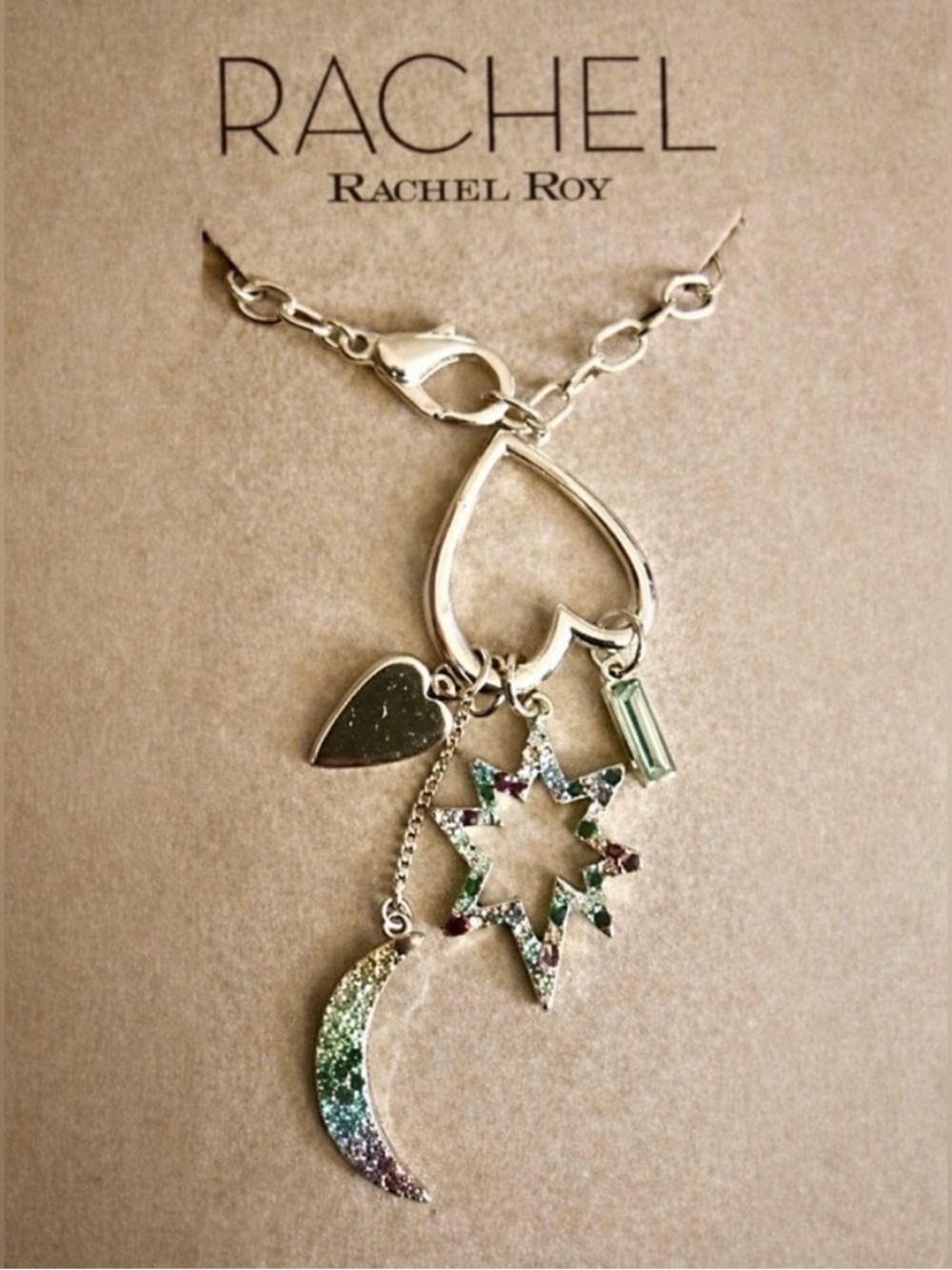 Rachel Roy Multi Gem Star & Moon Charm Necklace Gold Tone 18 inches